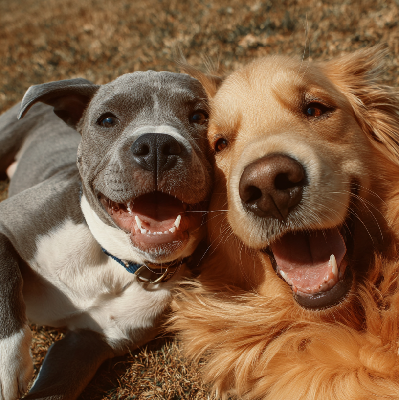 Two dogs, one gray and one golden, lying on a grassy surface with a blurred background.